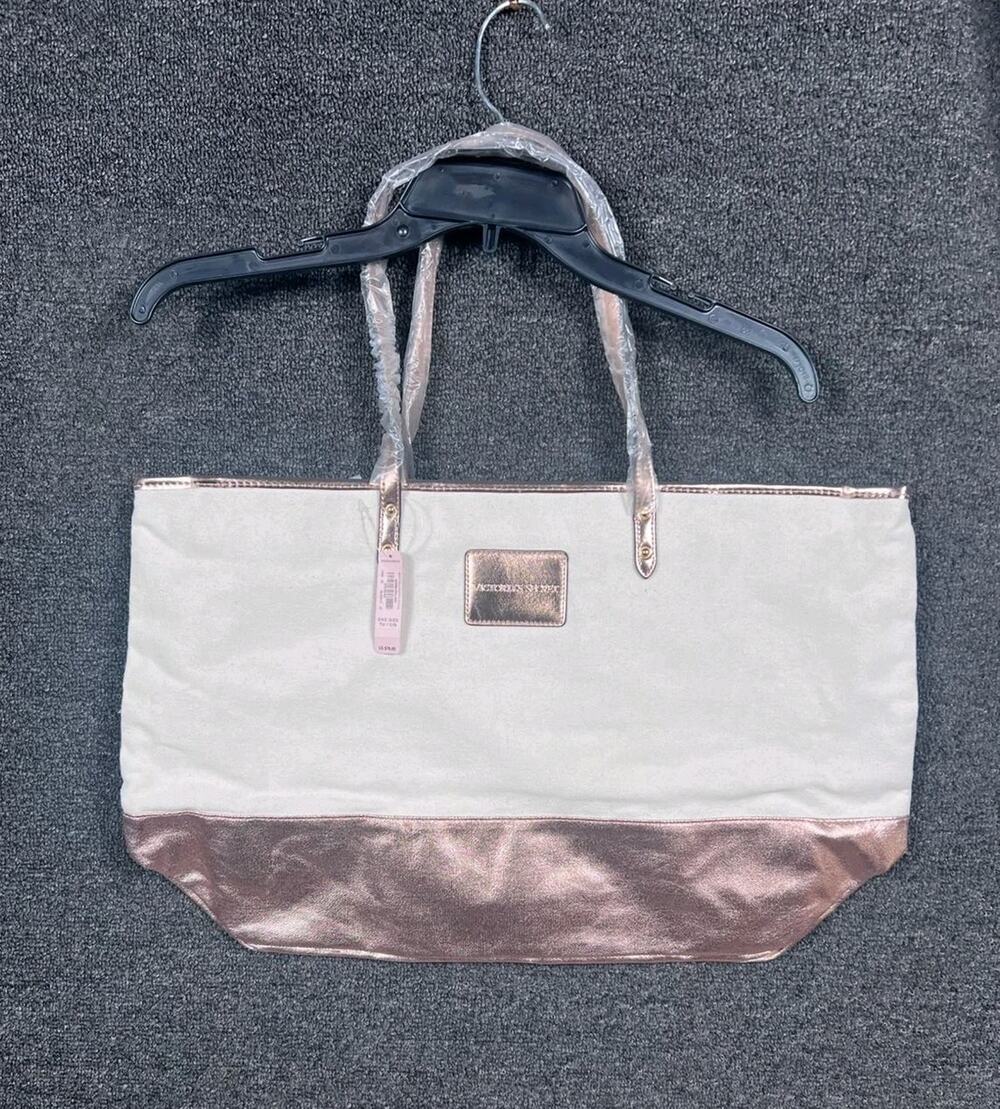 Victoria's Secret Rose Gold Glam Canvas Zipped Large Weekend Gym Baby Tote